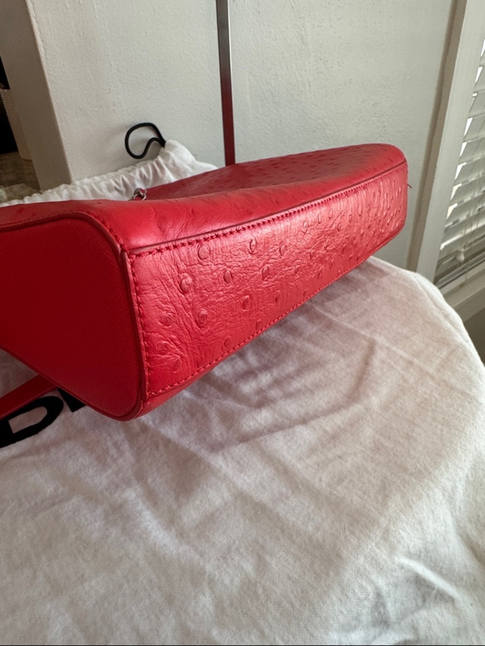 DKNY Red Ostrich Embossed Leather Convertible Shoulder Bag Crossbody - Picture 5 of 8